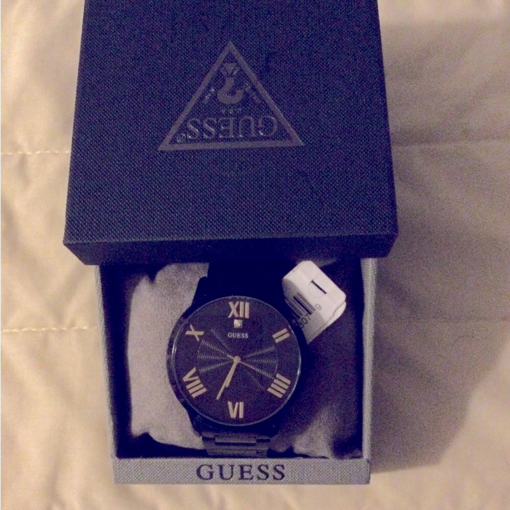 GUESS Steel Black Men's Watch, stainless steel black band, gold Roman numerals